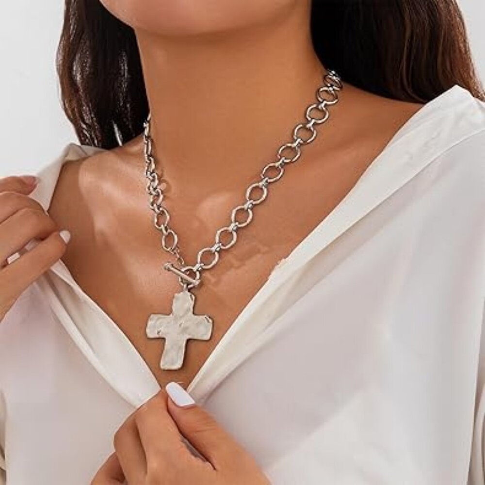 Chunky Cross Necklace Luxury‎ Looking Hammered Bold Cross Cuban Jewelry